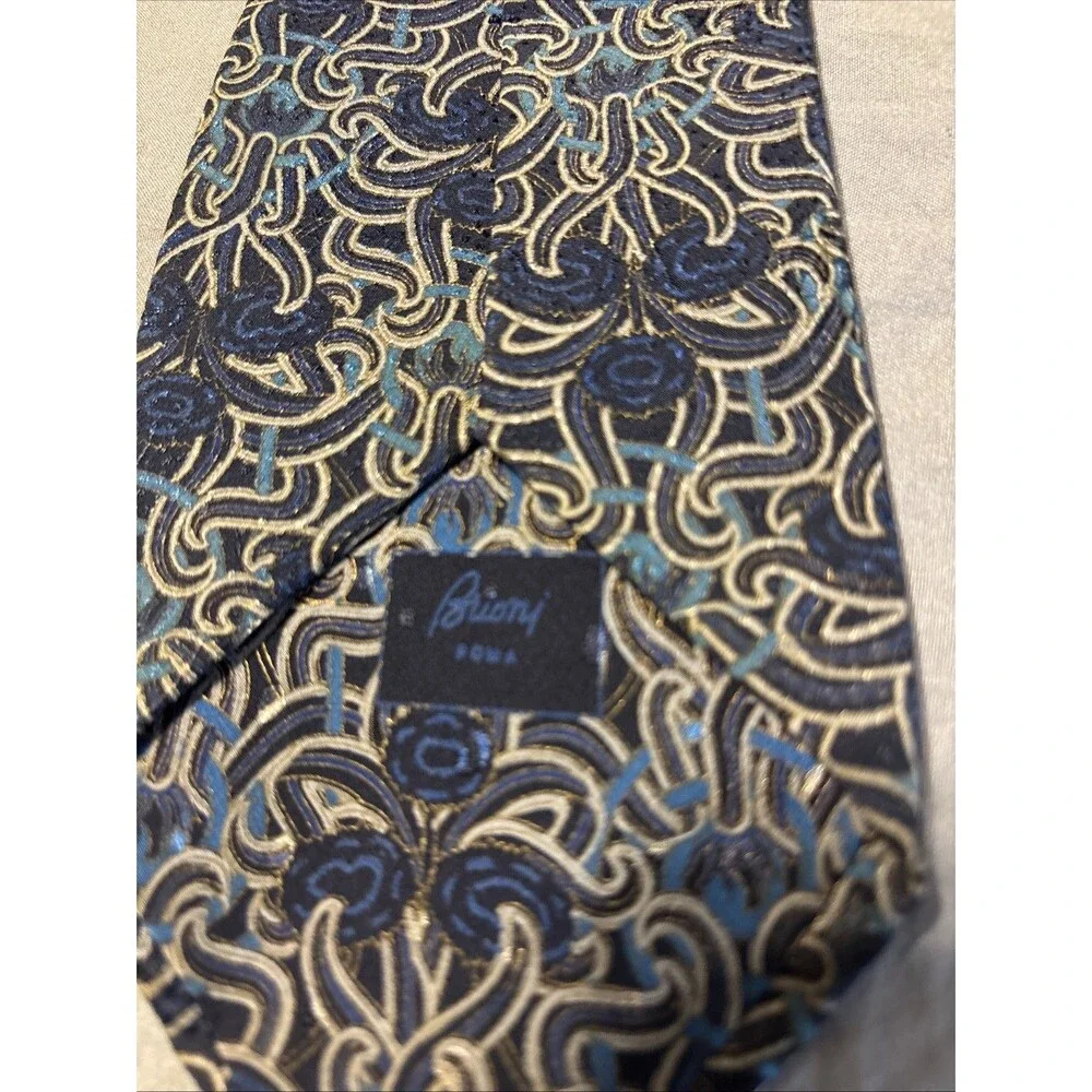 Brioni 100% Silk Men’s Tie  Navy With Green And Gold Pattern 62” X 4”